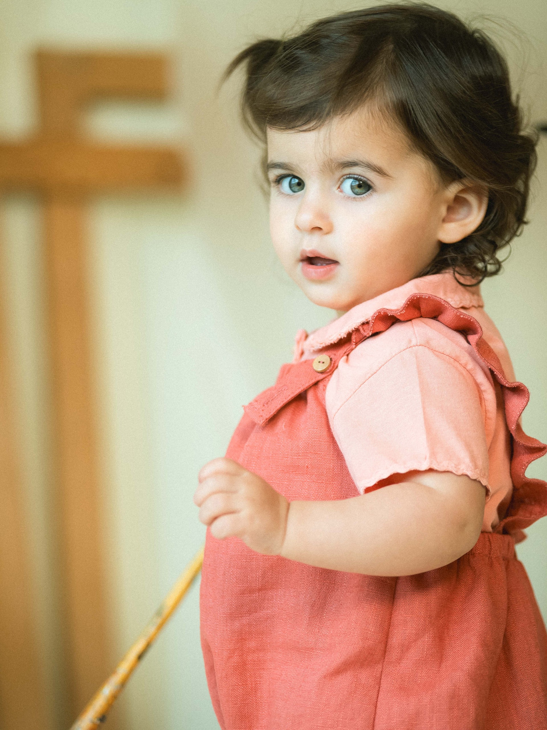 Plain shortie in linen with cotton and straps with ruffle