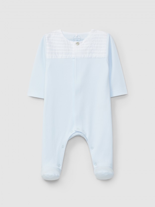 Collarless babygrow with ribbed detail