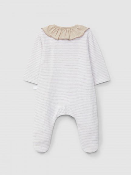 Striped double-layered jersey babygrow with ruffled collar Striped double-layered jersey babygrow with ruffled collar