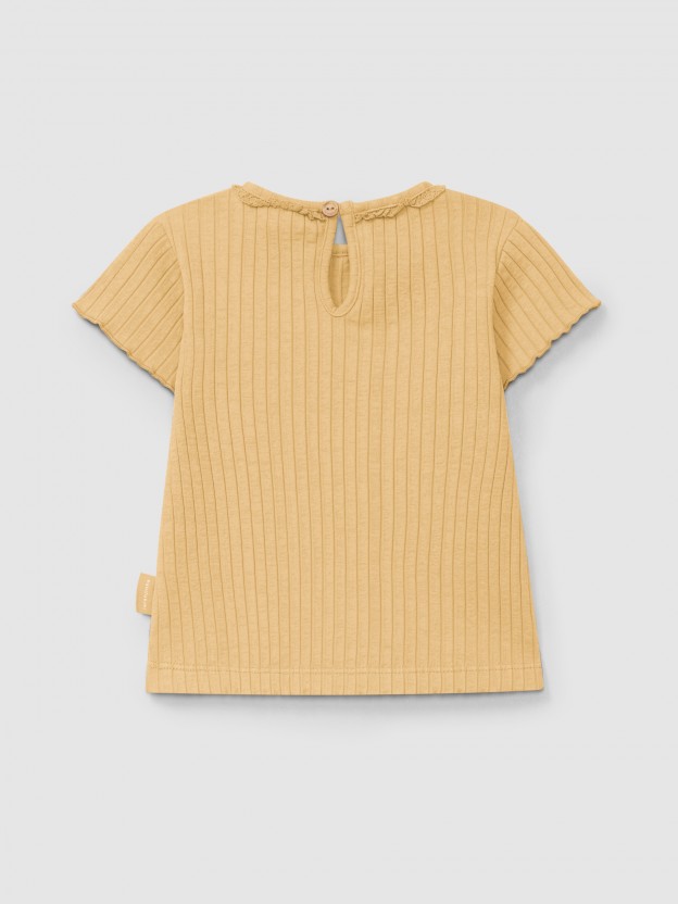 T-shirt em malha canelada com detalhe de renda