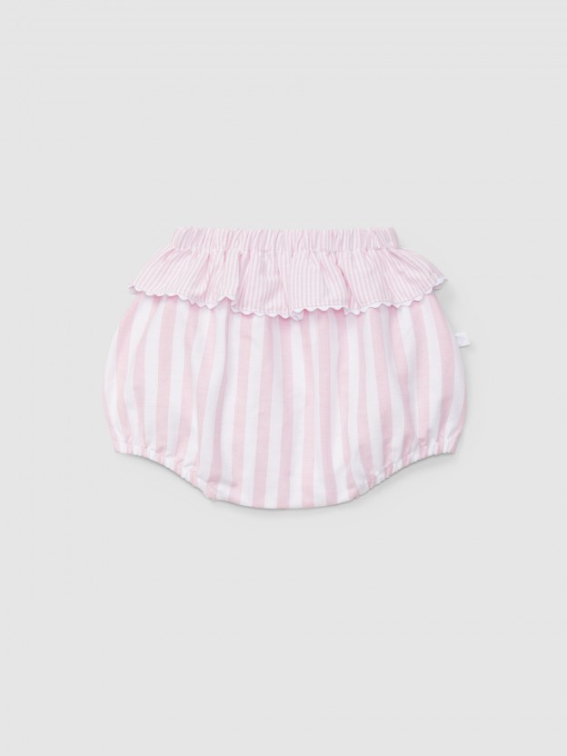 Pull-up shorts with rufffle in striped Oxford fabric