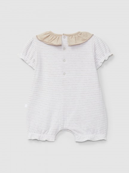 Striped double-layered jersey short-leg romper with ruffled collar Striped double-layered jersey short-leg romper with ruffled collar