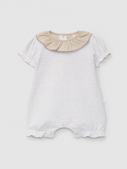 Striped double-layered jersey short-leg romper with ruffled collar