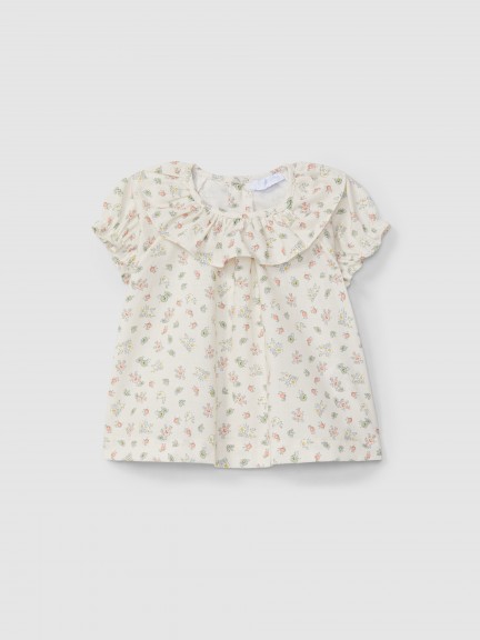 Blusa estampado floral con cuello de voltante Blusa estampado floral con cuello de voltante