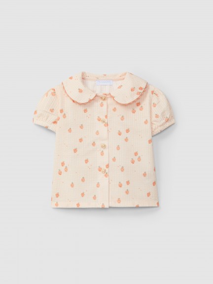 Blusa seersucker micro-cuadros y fresas Blusa seersucker micro-cuadros y fresas