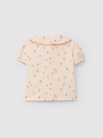 Blusa seersucker micro-cuadros y fresas Blusa seersucker micro-cuadros y fresas
