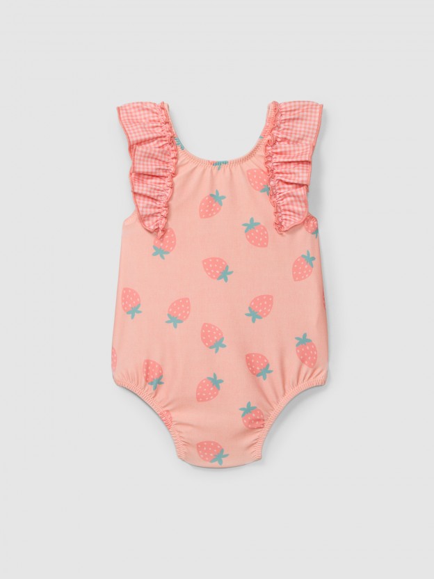 Swimsuit strawberries and vichy plaid ruffled detail