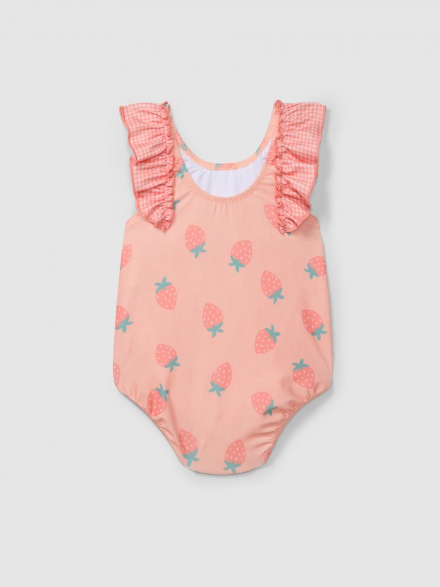 Swimsuit strawberries and vichy plaid ruffled detail