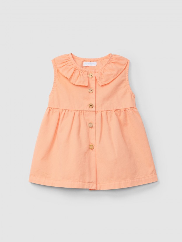 Dress in twill with ruffled collar
