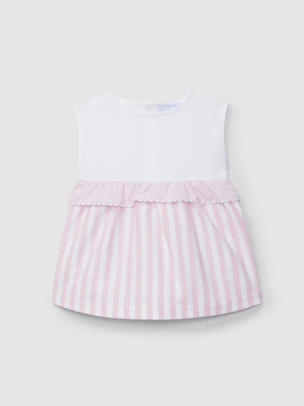 Vestido piqu� e tecido oxford de riscas