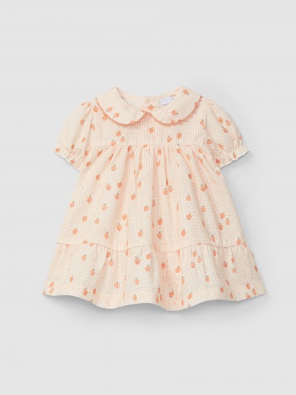 Vestido seersucker micro-xadrez e morangos
