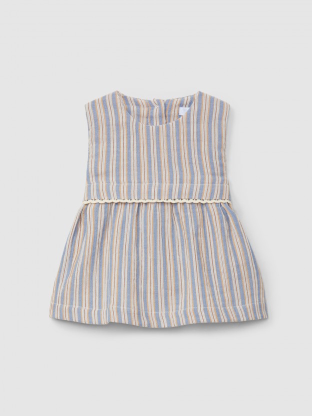 Multi-coloured striped dress with lace appliqu�