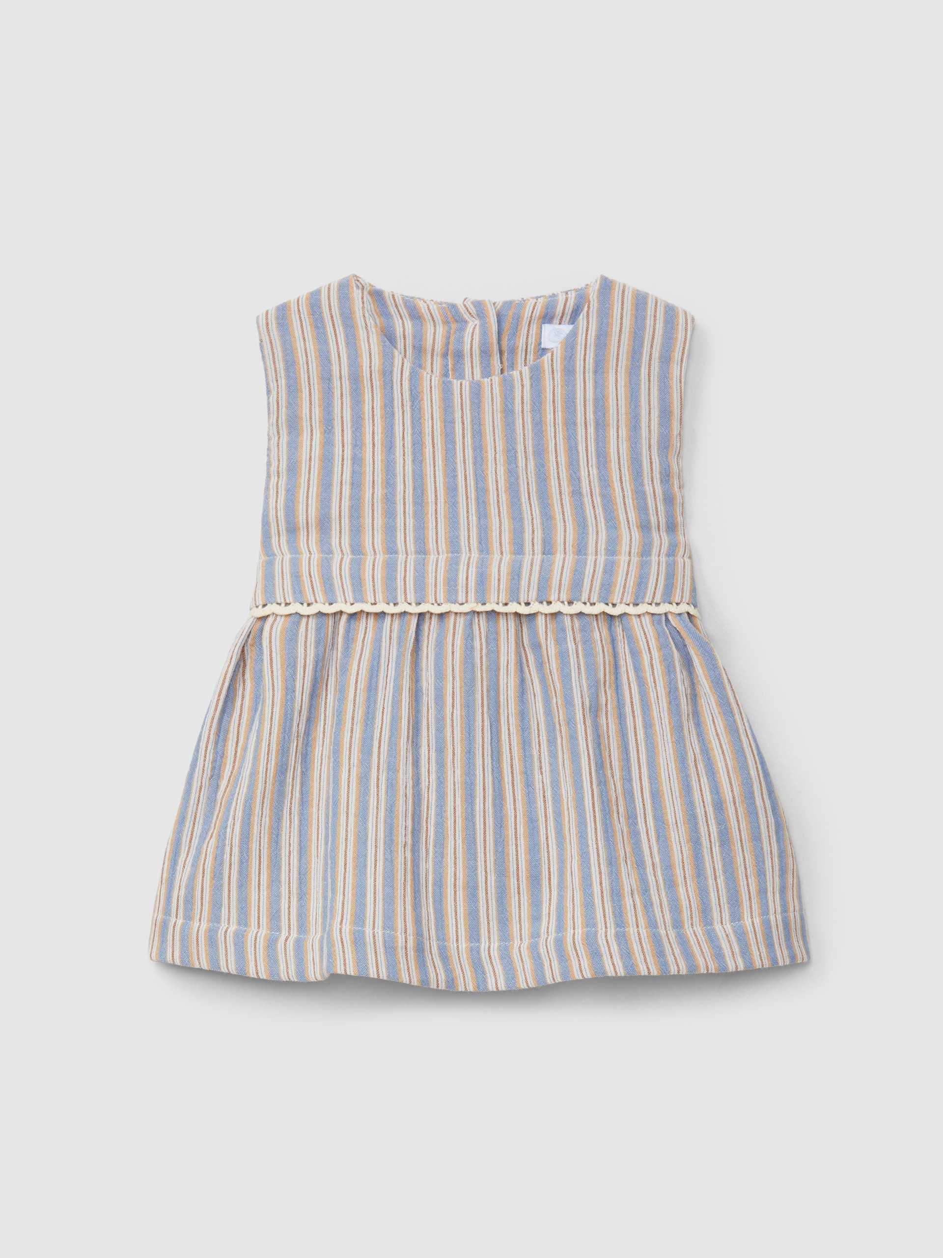 Multi-coloured striped dress with lace appliqué