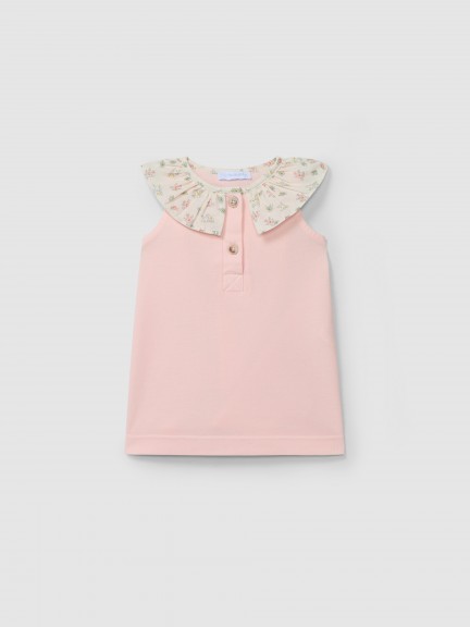 Vestido piqué com gola de folho estampada Vestido piqué com gola de folho estampada