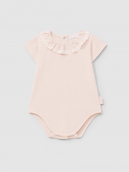 Bodysuit short sleeve ruffled collar English embroidery Bodysuit short sleeve ruffled collar English embroidery