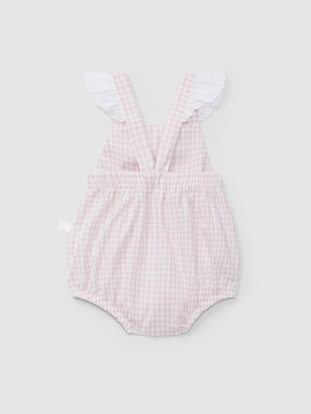Barboteuse carreaux vichy et d�tail de fleurs brod�es