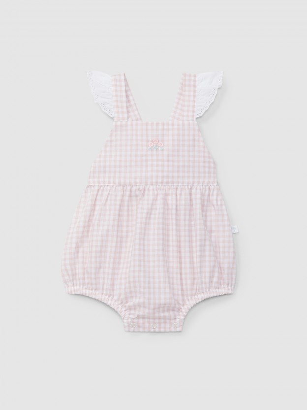 Barboteuse carreaux vichy et d�tail de fleurs brod�es