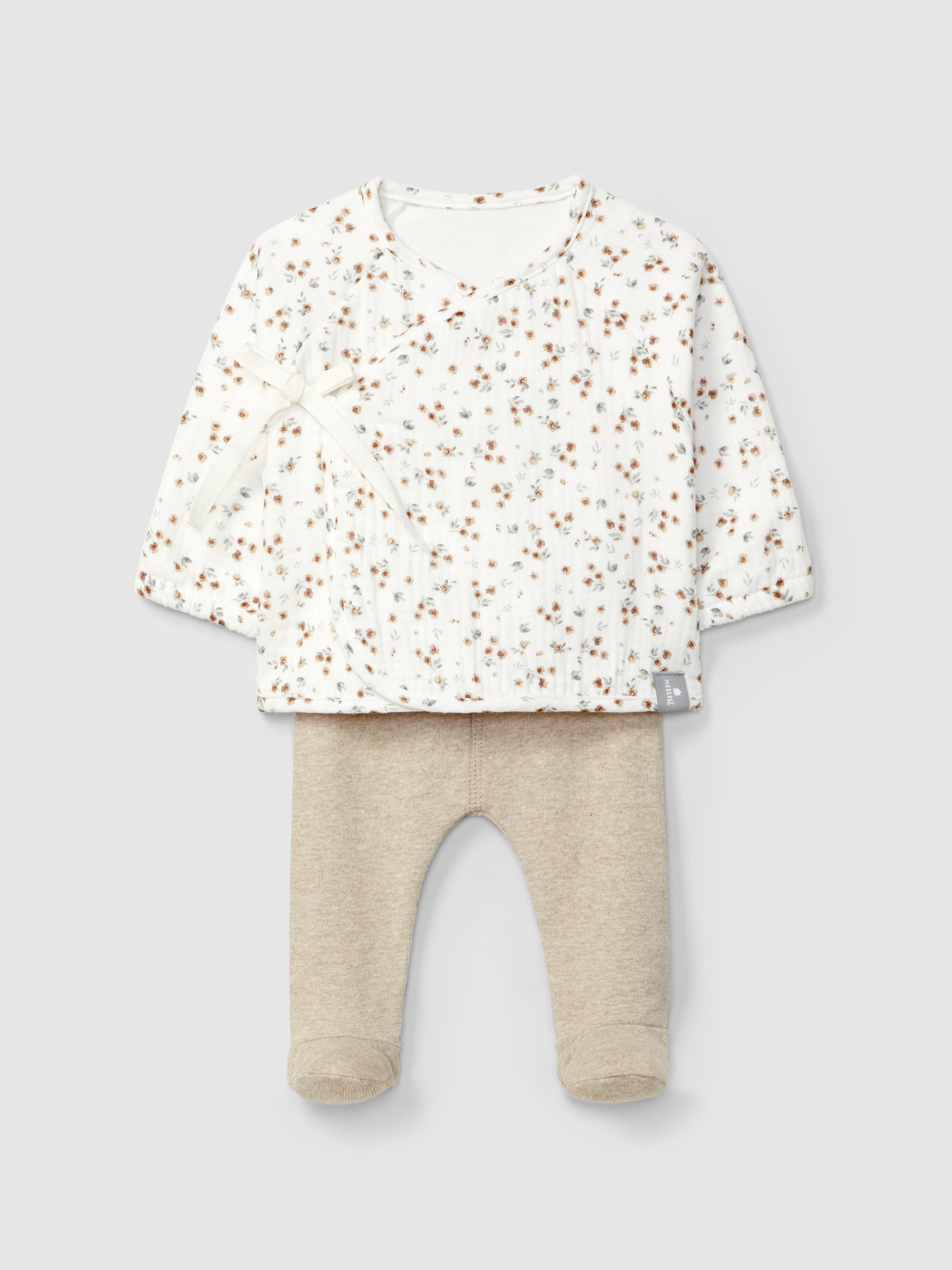 Two-piece set in printed muslin and plain jersey