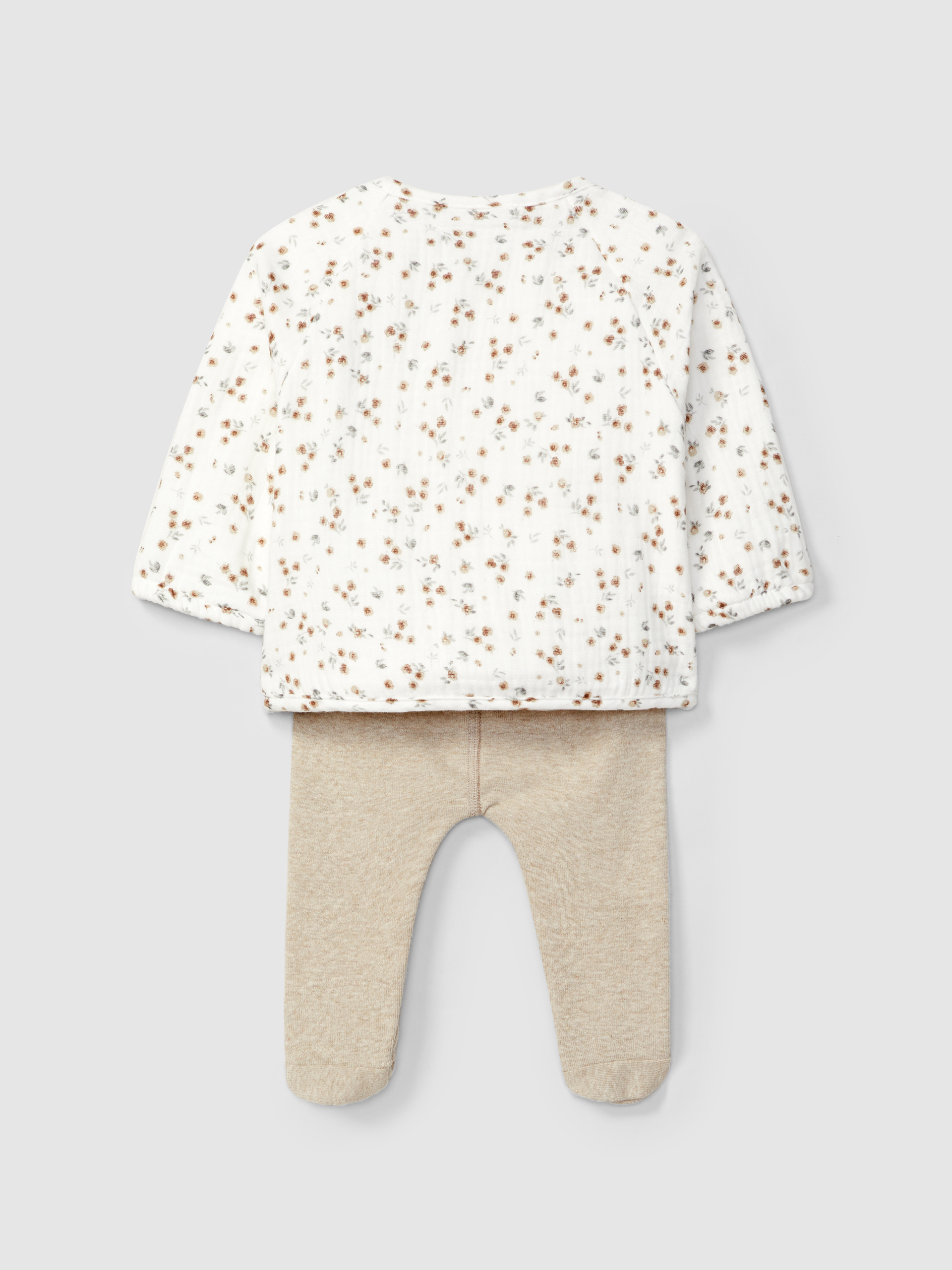 Two-piece set in printed muslin and plain jersey