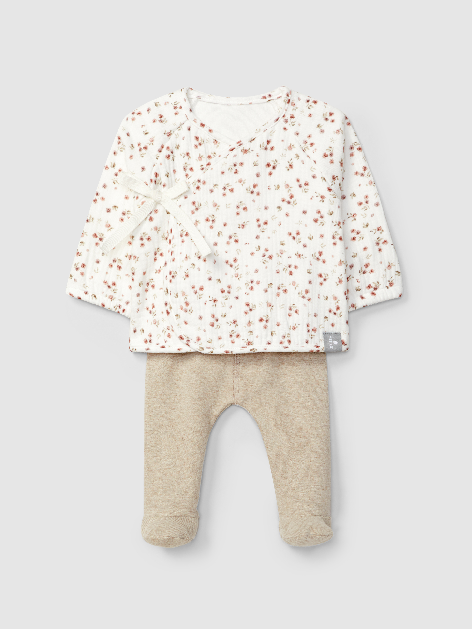 Two-piece set in printed muslin and plain jersey