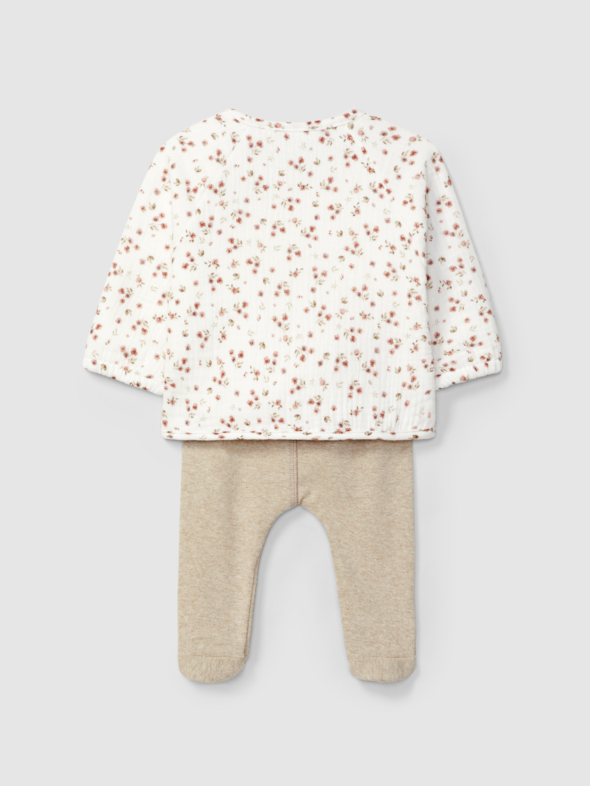 Two-piece set in printed muslin and plain jersey