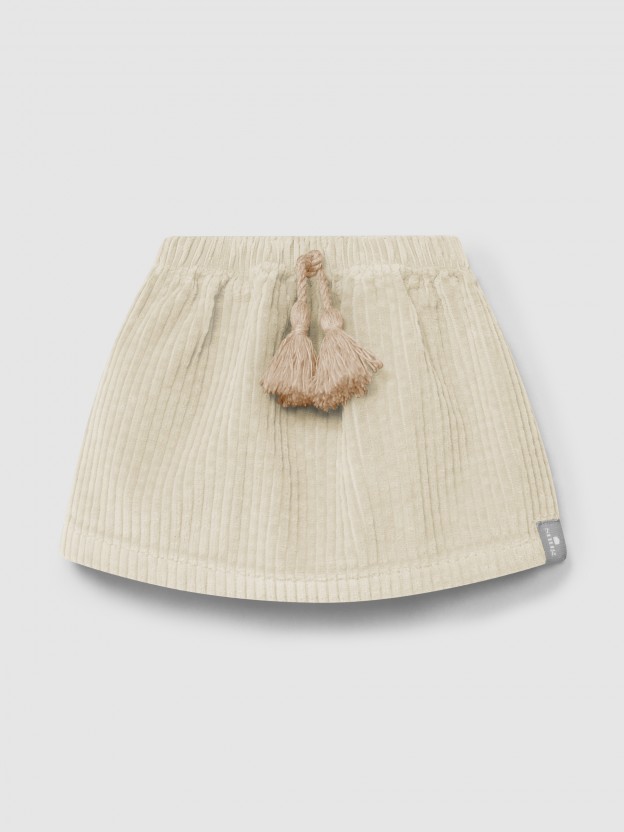 Saia em veludo canelado detalhe de cordão com pom-pom Saia em veludo canelado detalhe de cordão com pom-pom