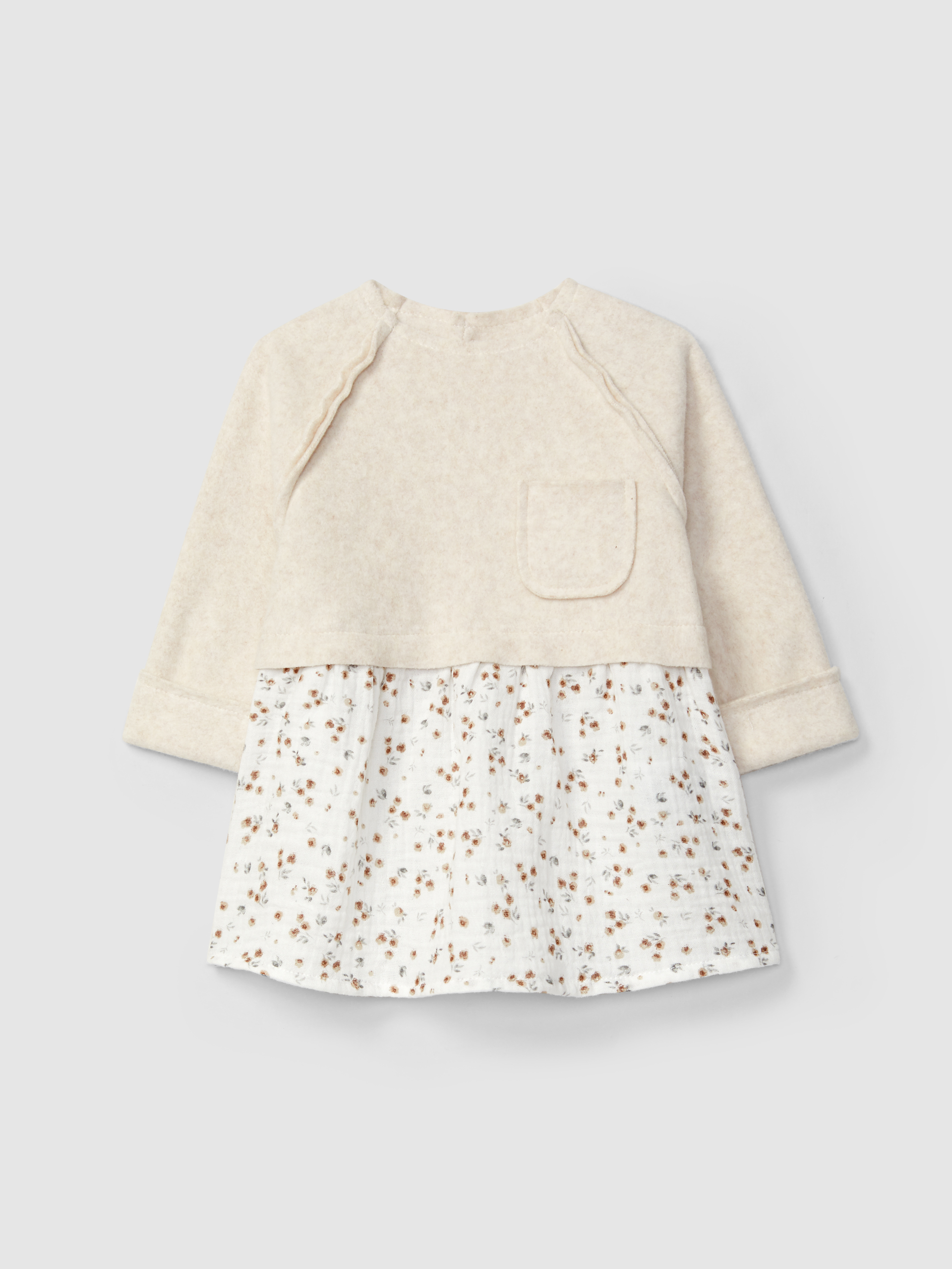 Robe maille polaire coton biologique et mousseline à fleurs.