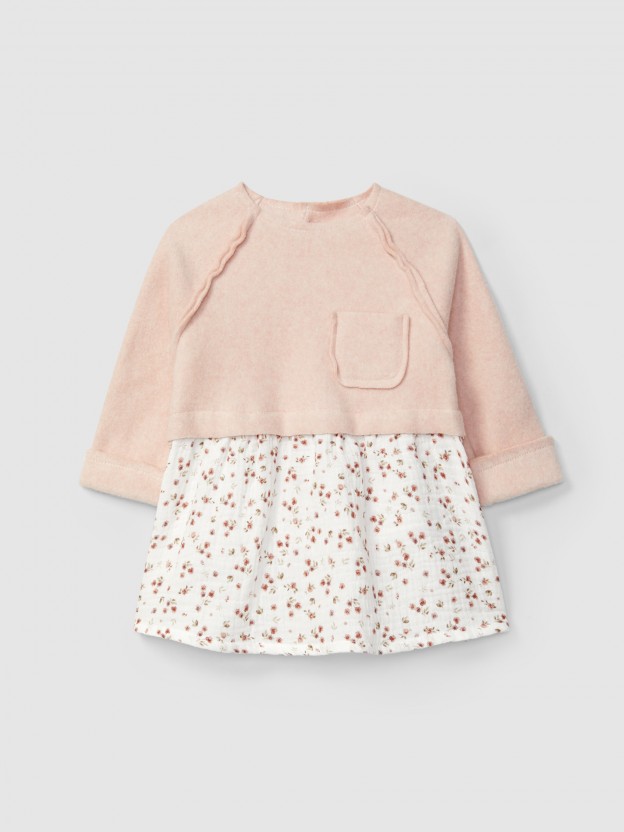 Vestido malha polar algod�o org�nico e musseline floral
