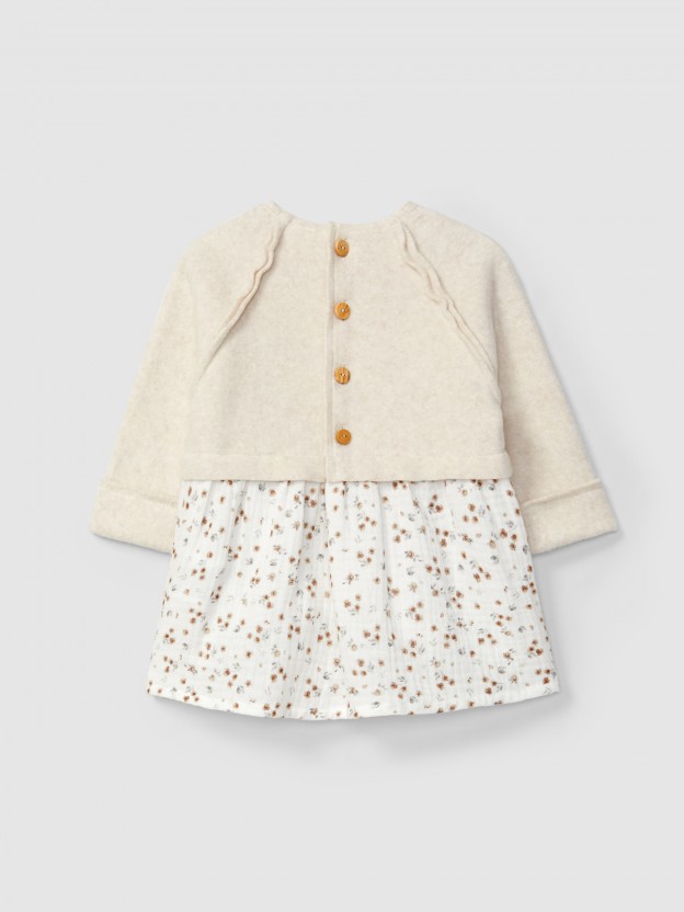 Robe maille polaire coton biologique et mousseline à fleurs. Robe maille polaire coton biologique et mousseline à fleurs.