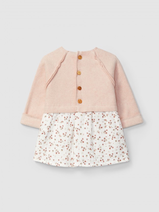 Vestido malha polar algod�o org�nico e musseline floral