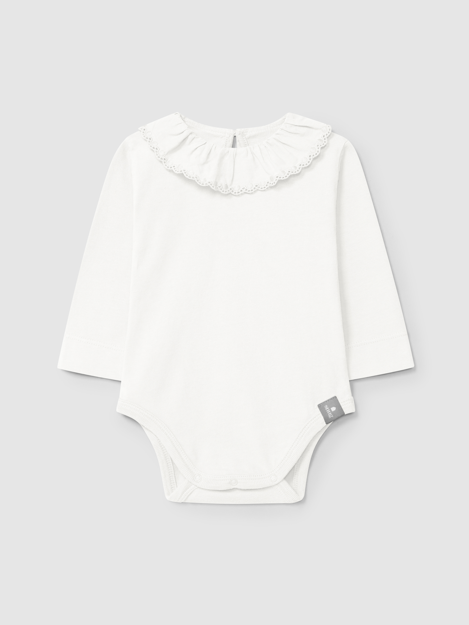 Bodysuit in organic cotton with ruffled embroidered collar