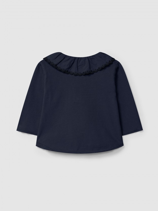 Longsleeve com gola de folho bordado em algod�o org�nico