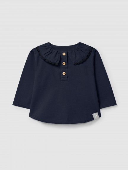 Longsleeve � col � volant brod� en coton biologique