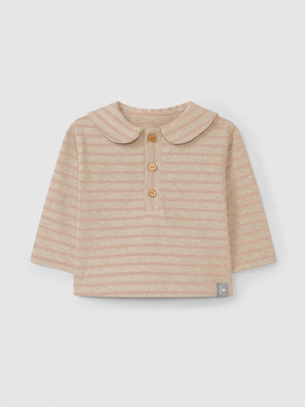 Longsleeve de riscas em jersey cardado com gola de marinheiro Longsleeve de riscas em jersey cardado com gola de marinheiro