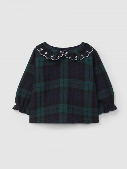 Blusa a cuadros cuello de volante con bordado Blusa a cuadros cuello de volante con bordado