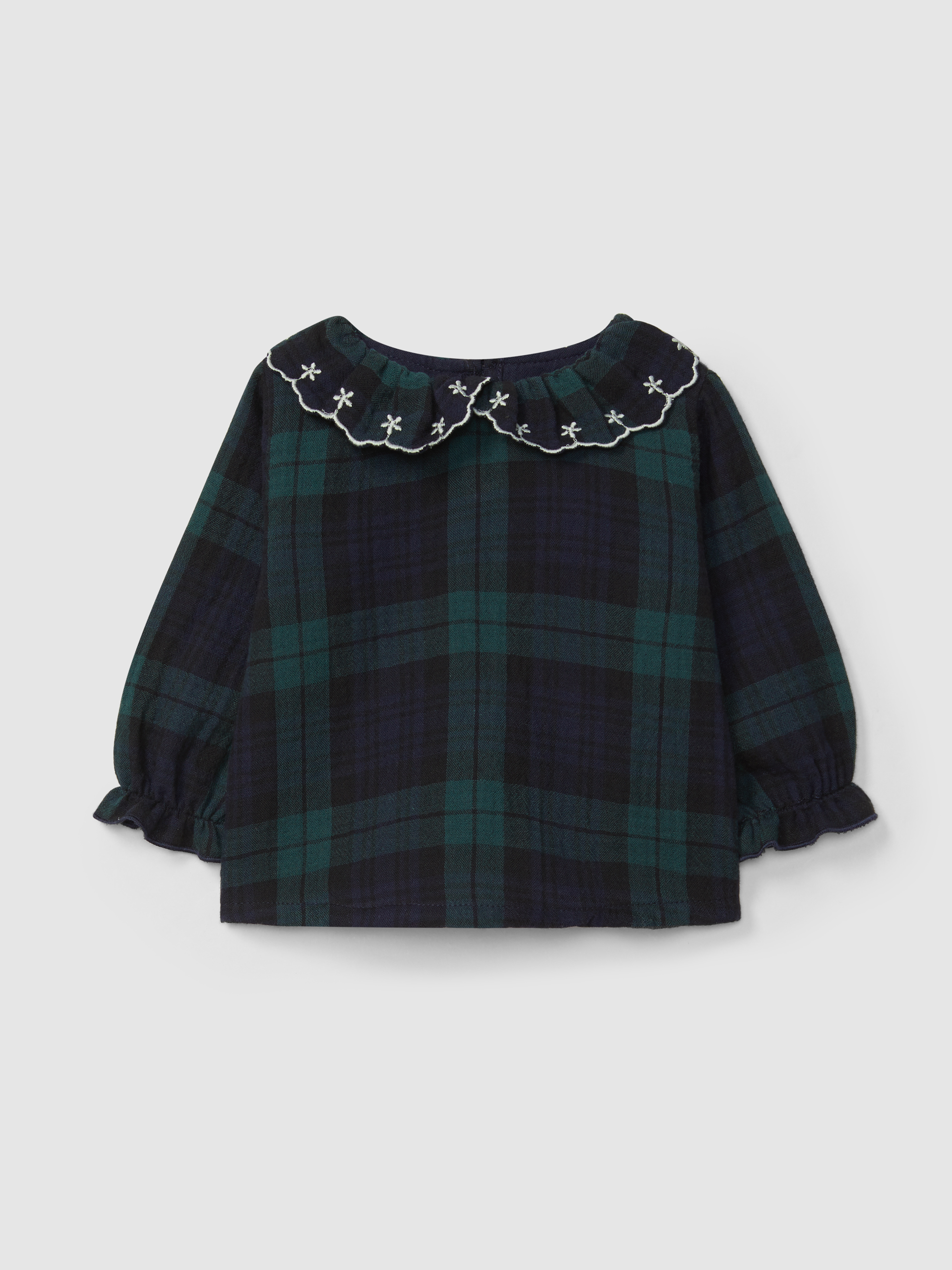 Check blouse ruffled collar with embroidery