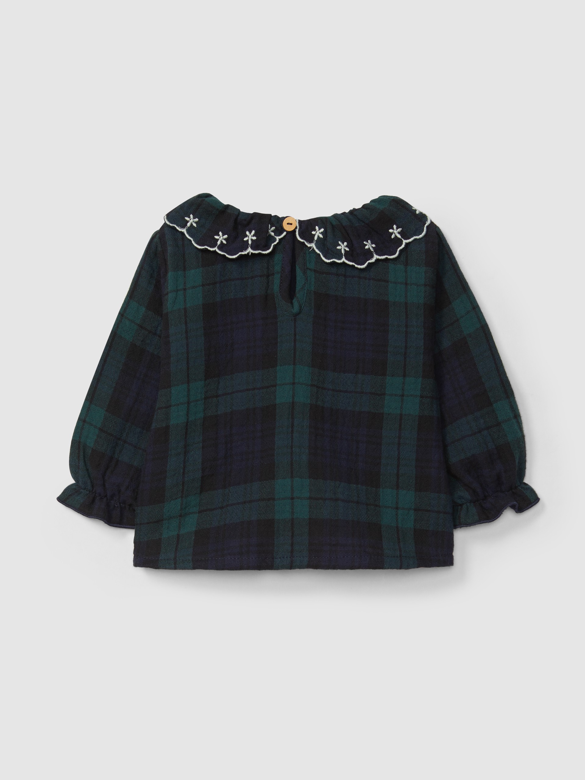 Check blouse ruffled collar with embroidery