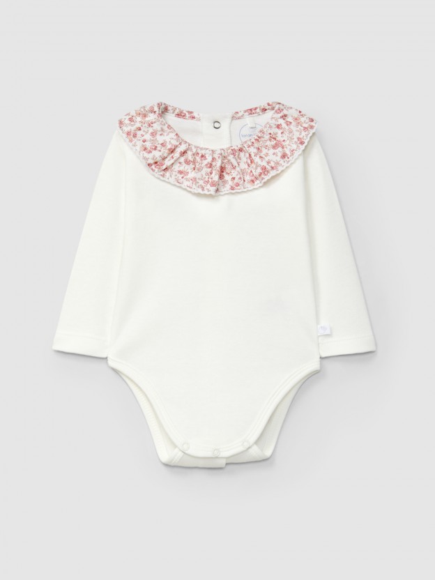 Print fabric ruffled collar bodysuit with lace detail Print fabric ruffled collar bodysuit with lace detail