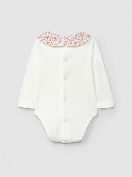Print fabric ruffled collar bodysuit with lace detail Print fabric ruffled collar bodysuit with lace detail