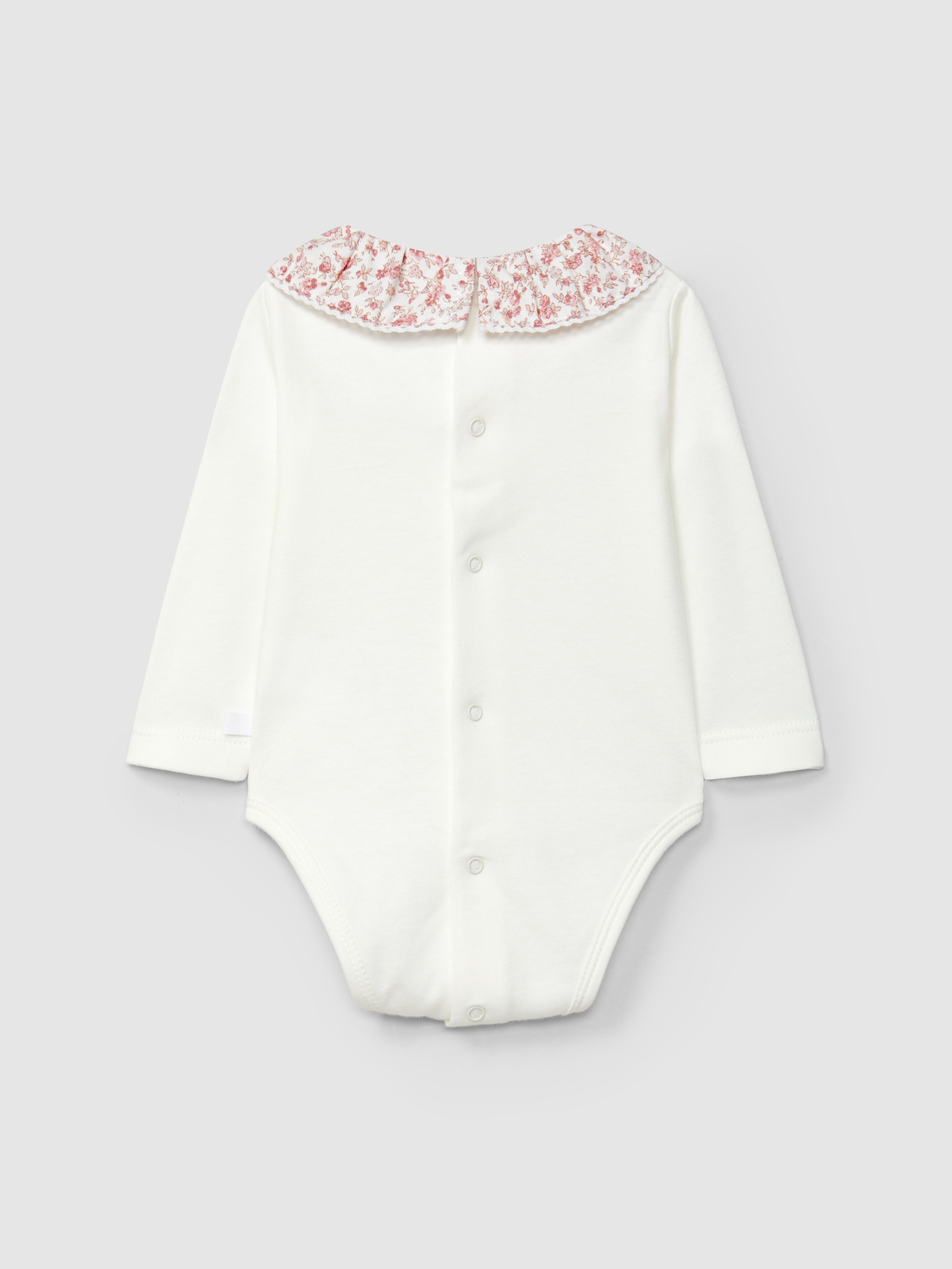 Print fabric ruffled collar bodysuit with lace detail