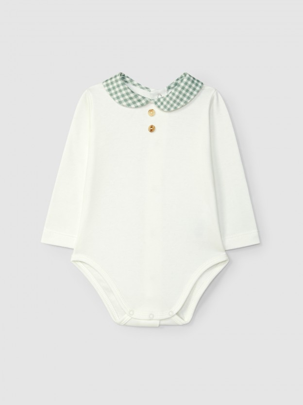 Bodysuit with round collar in check fabric Bodysuit with round collar in check fabric