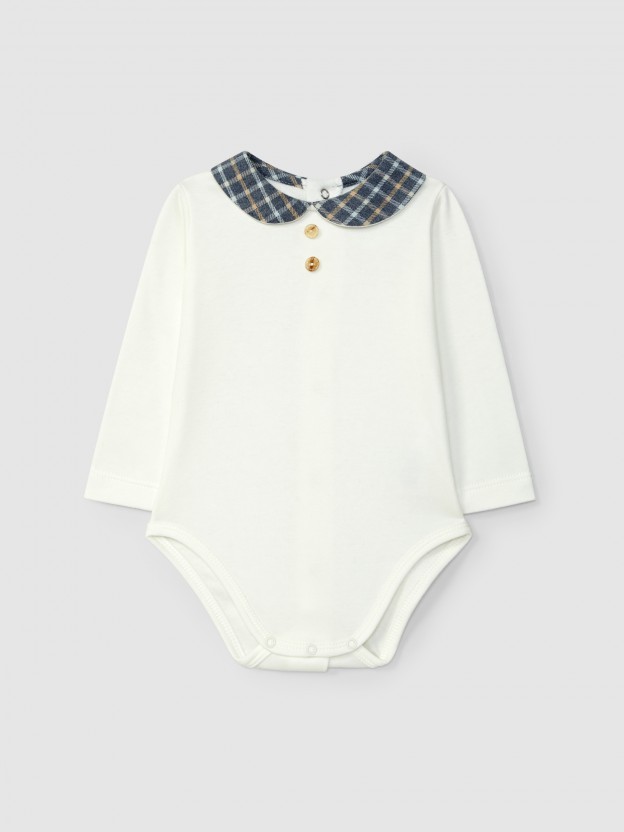 Bodysuit with round collar in check fabric Bodysuit with round collar in check fabric