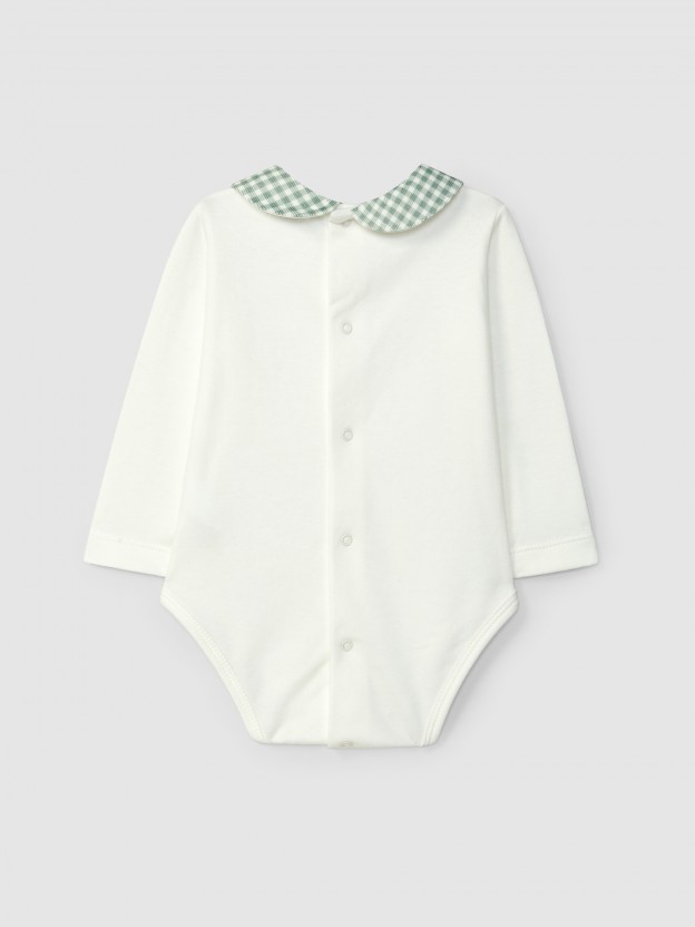 Bodysuit with round collar in check fabric Bodysuit with round collar in check fabric