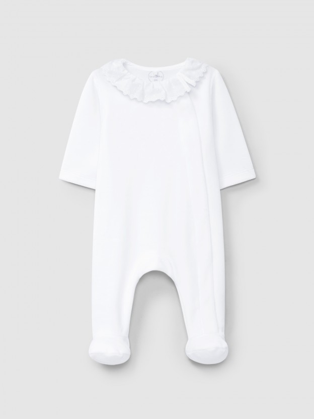 Velvet babygrow with delicate embroidered ruffled collar