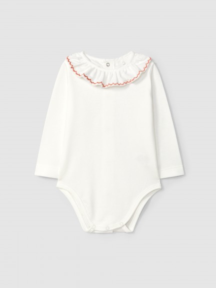 Bodysuit ruffled collar with wavy embroidery Bodysuit ruffled collar with wavy embroidery