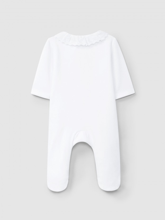 Velvet babygrow with delicate embroidered ruffled collar