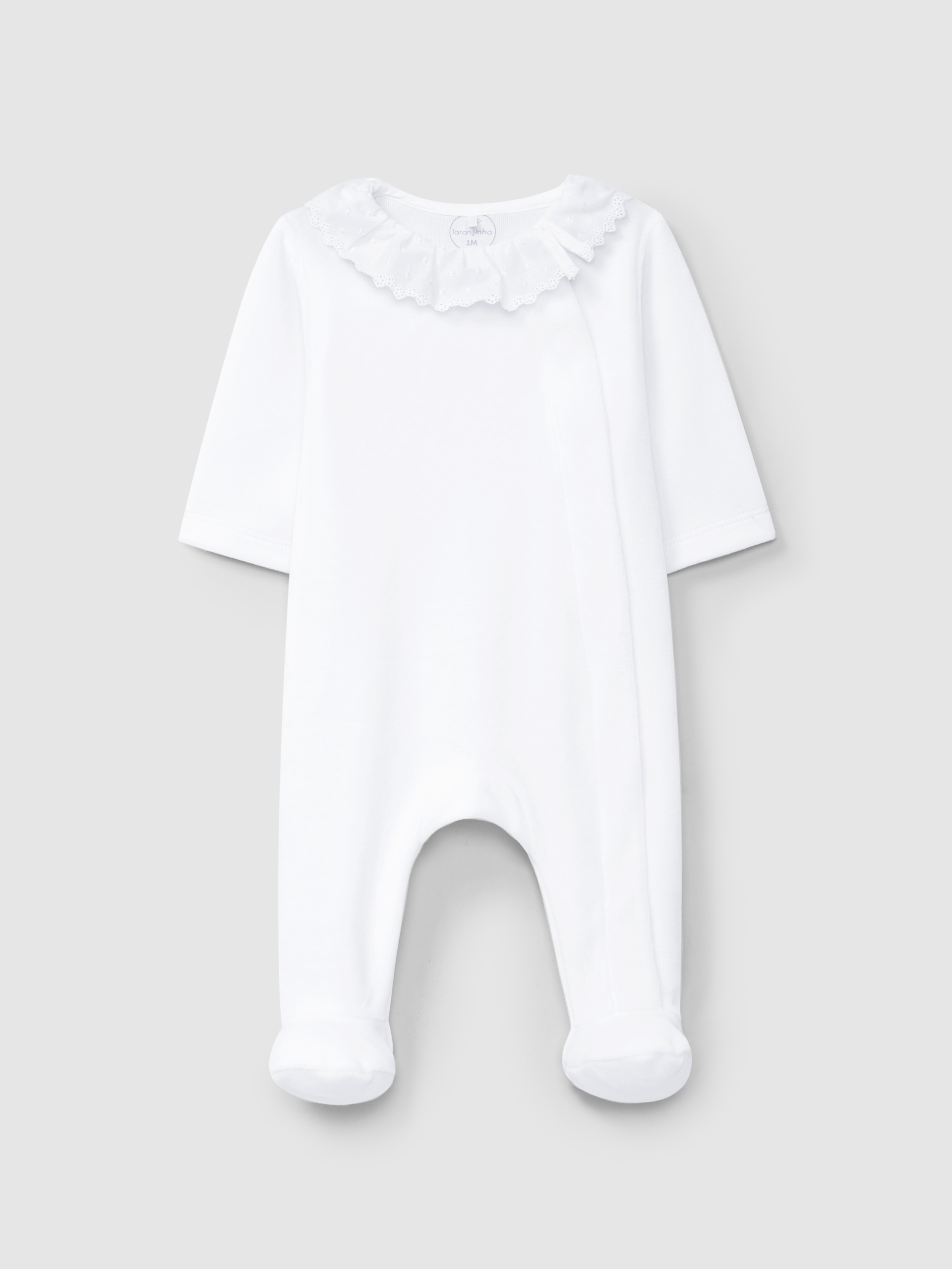 Velvet babygrow with delicate embroidered ruffled collar