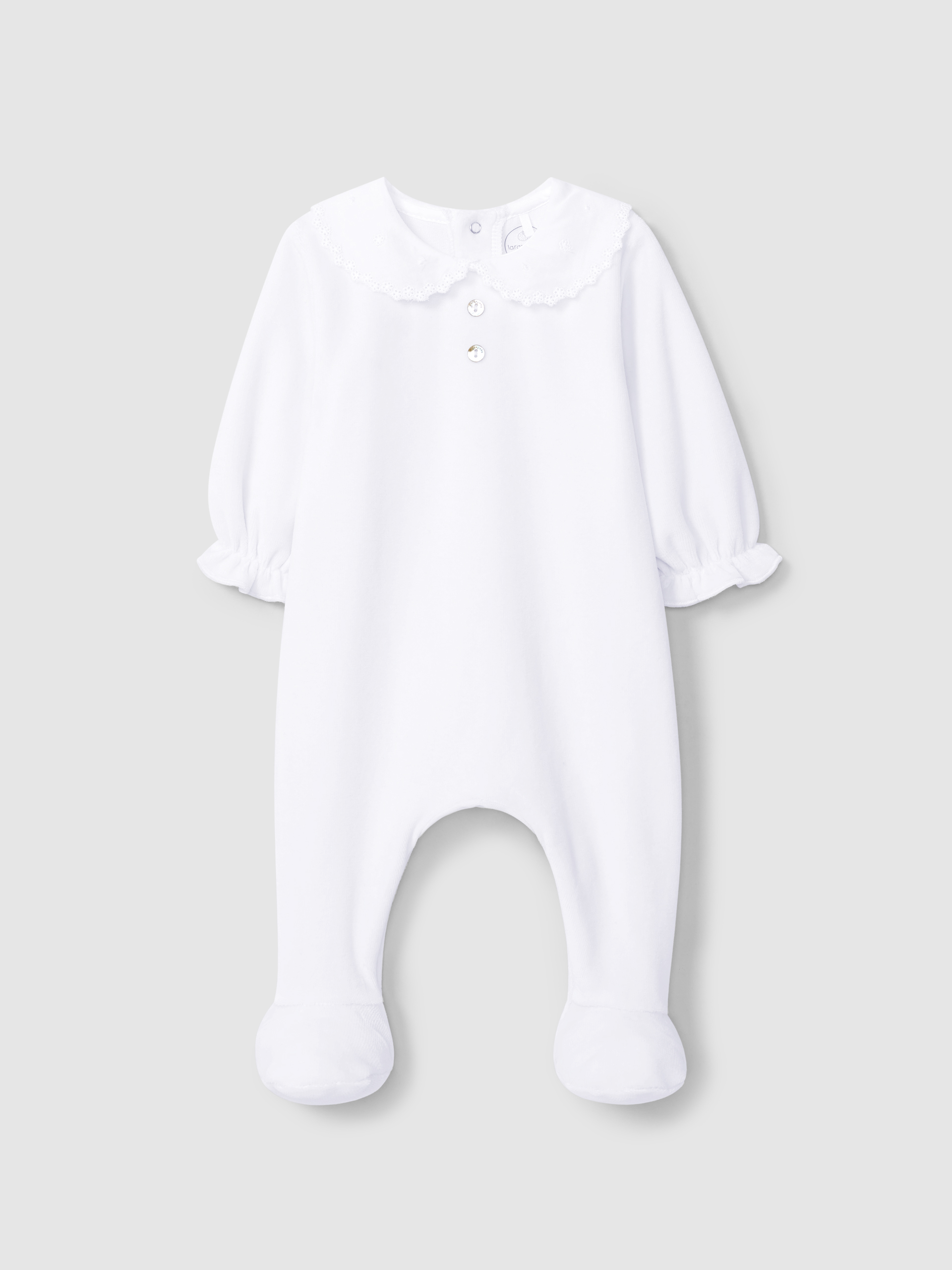 Velvet babygrow with delicate embroidered round collar
