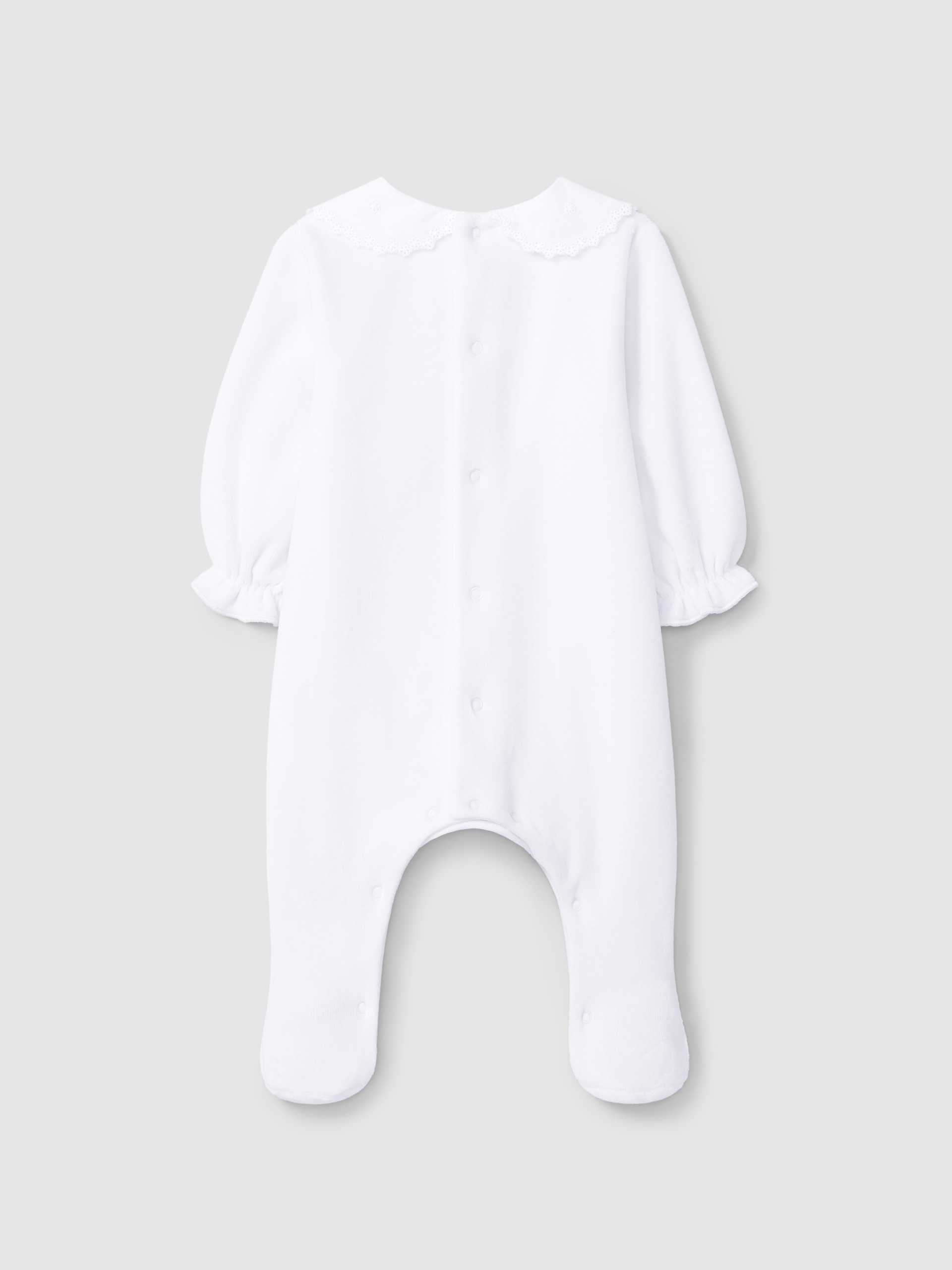 Velvet babygrow with delicate embroidered round collar