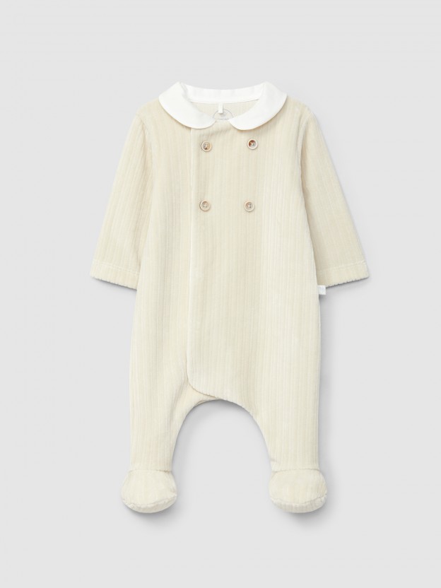 Ribbed velvet babygrow with decorative buttons Ribbed velvet babygrow with decorative buttons